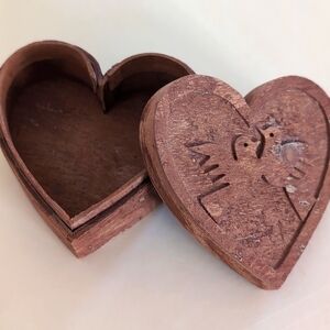 Vintage Heart Box Cinnamon Bark Carved Birds Box